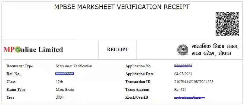 MPBSE Marksheet Verification Receipt